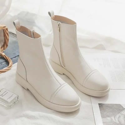 Dameslaarzen Beige Korte leren laarzen Dikke hak Antislip Zijrits Engelse stijl Pure kleur Eenvoudig Vrije tijd Lente en herfst 38