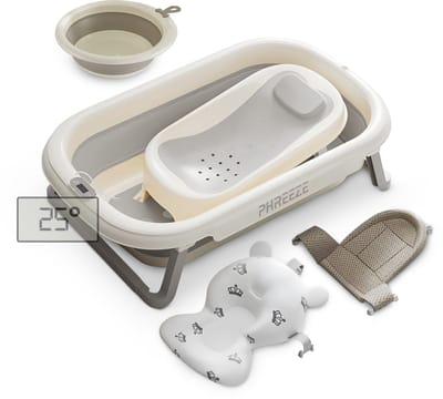 5-Delige Baby Badje Set - Babybad met Thermometer en Standaard - Babybadje met Badzitje, Badkussen, Veiligheidsnet en Wateremmer - Bad Set Compleet tot 3 Jaar
