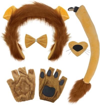 5-delige Leeuw Kostuum Accessoire Set met Oren, Staart, Neus, Strik en Handschoenen voor Kinderen en Volwassenen, Perfect voor Themafeesten en Kerstcadeaus