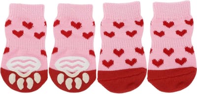 Non-slip hondensokken met hartjespatroon, indoor sokken voor honden en katten, bescherming en grip met siliconengel, 1 set (4 stuks), maat M