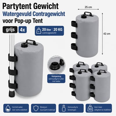4 Stuks 20L-20KG Partytent Pop-up tent Paviljoen Contra Gewichten Watergevuld 20 Liter / 20 KG Contragewicht – Set van 4-grijs