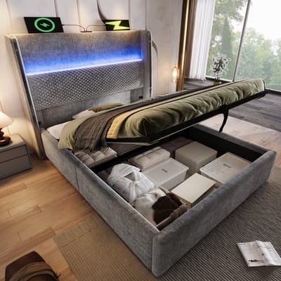 VVBV Opbergbed Eenpersoonsbed 90x200 cm - LED-Verlichting, USB-C Laadstation, Lades, Opbergruimte - Linnen Grijs Zonder Matras