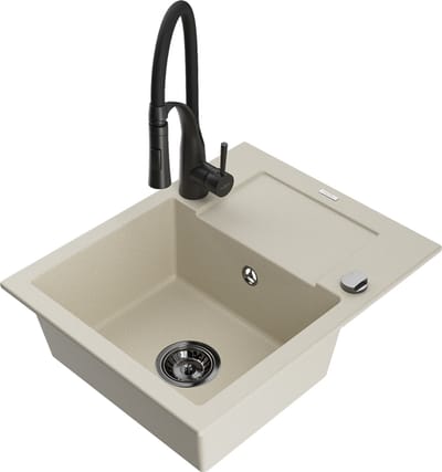 Mexen Enzo granieten spoelbak met 1 bak, afdruiprek en keukenmengkraan Aster, beige - 6506-69-73450-70-B