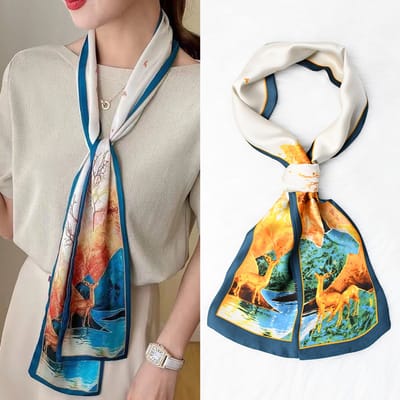 Zijden sjaal-stijl zijden sjaal voor dames - Kleurblokkenprint - Fris en delicaat - Decoratieve shawl over shirts -26，14*150CM