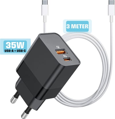 Usb C & usb A Oplader 35w + Rubberen usb C naar usb C Kabel 3 Meter - Snellader - Usb-C Adapter - GaN Charger