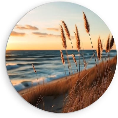 Saammp Muurcirkel Hout - Helmgras met zonsondergang - strand - zee - Duinen - Ø 90 - Wandcirkel - Wanddecoratie Cirkel - muurdecoratie Woonkamer - Slaapkamer decoratie - Rond Schilderij