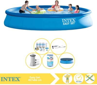 Intex Rond Opblaasbaar Easy Set Zwembad - 457 x 84 cm - Blauw - Inclusief Pomp - Onderhoudspakket - Filter - Stofzuiger - 5-delig