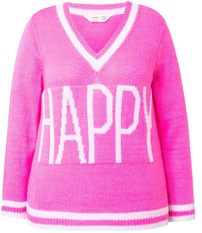 Angel of Style - Dames - Trui straight fit HAPPY-opschrift lange mouw - Neon bes - Maat 46+