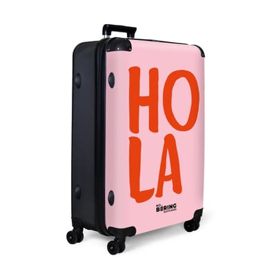 NoBoringSuitcases.com® - Koffer groot - Reiskoffer lichtgewicht - Roze met rode quote 'hola' - Rolkoffer met 4 wielen - Grote trolley XL - 98 liter bagage