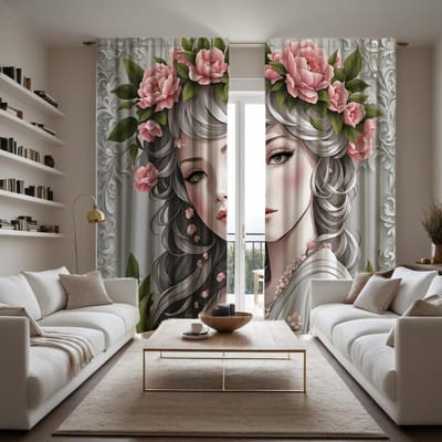 2 pièces de fille de dessin animé HD avec guirlande rideau décoratif Rideau imprimé numérique à nouer blanc Décoration de style Décoration l W52H63inchW132H160cm black