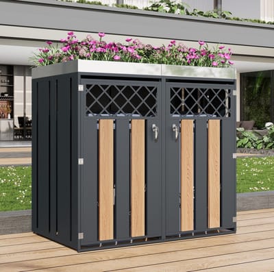 MEUNIQ containerberging met plantenbak 132 x 80 x 124,5 cm, geschikt voor 2 containers, afsluitbare dubbele deuren, ventilatieopeningen, metaal in grijs en houtkleur