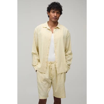 Gestreept Popeline Gebogen Zoom Geborduurd Oversized Shirt Met Lange Mouwen & Wijde Short Set | Yellow | Size Small