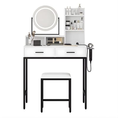 Kaptafel - Voor Slaapkamer - Grote Make-up Tafel met 360° Roterende Spiegel, Kruk en Verstelbare Helderheid in 3 Kleuren - Met USB-Poorten - Wit Zwart