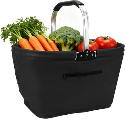 Vouwbare Winkelmand van 35 Liter, Ideaal voor Picknicks, Boodschappen en Opslag, Robuuste Tas met Aluminium Frame en Comfortabele Handvatten, Zwart