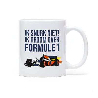 Grappige Race Tekst Mok 330 ml – “Ik Snurk Niet! Ik Droom Over Formule 1” – Keramische Koffie- en Theemok voor F1 Fans