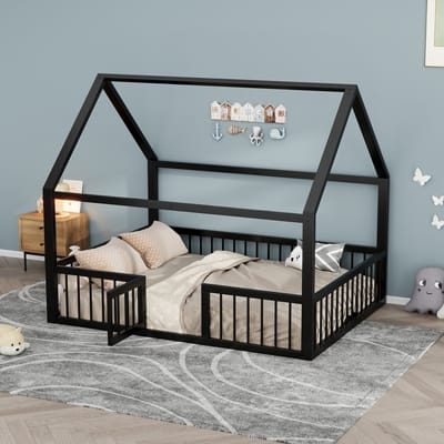MODENUIT Huisbed 140x200 cm – Metalen Bedframe met Dakvorm – Veiligheidshek en Deurtje – Kinderkamer – Zonder matras – Zwart