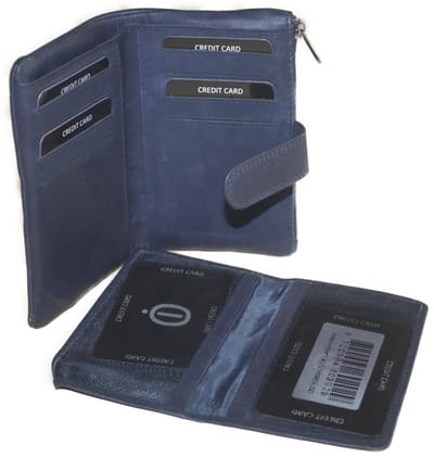 OI blauwe leren damesportemonnee zeer zacht / soft lederen damesbeurs met uitneembaar pasjesmapje en verborgen vak / portemonnee met rits / blauw leer / RFID SAFE / 721Blue