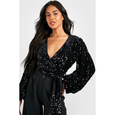 boohoo Dames Bodysuit met volume mouwen in fluweel en pailletten | Zwart | Maat: 34