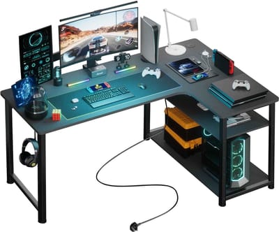 Casa Living Bureau - L-Vorm - Gaming & Kantoor Tafel - Met USB Poorten & Stopcontact - Opbergplanken - Krasbestendig Zwart