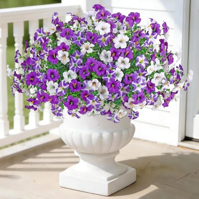 12 Bundels Kunstbloemen voor Buitendecoratie, Prachtige Ochtendglorie met Eucalyptus, UV-bestendige Zijde voor Tuin, Terras en Deurplanters in Paars en Wit