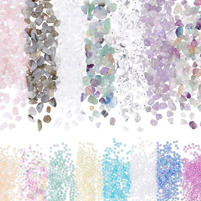 1600 stuks 8 kleuren glaszaadjes, 3mm kleine ronde kralen met 350-560 stuks natuurlijke edelsteen chips, 7 stijlen onregelmatige edelstenen voor het maken van sieraden en ambachten