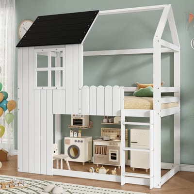 Hoogslaper Kinderbed - Huisbed Stapelbed - Spelen en Slapen - Creatief Huisontwerp - 90x200cm - Wit Zwart