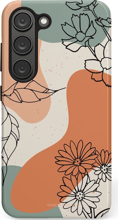 Casetastic hoesje geschikt voor Samsung Galaxy S23 - Dubbellaagse bescherming - Lijnenspel Botanisch - Fashion Case - Crème Saliegroen Perzik