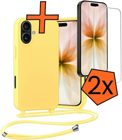 Hoesje Geschikt voor iPhone 17 Hoes Met Telefoonketting Met 2x Screenprotector - Backcover Geschikt voor iPhone 17 Case Met Koord - Geel