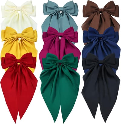 Famanu - Set van 9 extra grote satijnen haarstrikken, wit/roze/rood/blauw/groen/zwart, lange staart, Franse clip