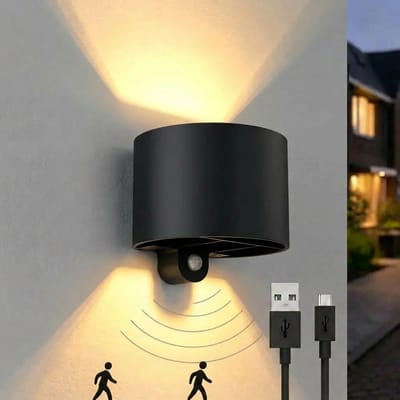Luminize buitenlamp met bewegingssensor - oplaadbare wandlamp buiten - draadloos en USB oplaadbaar - dag en nacht sensor - tuinverlichting - aluminium - zwart - rond