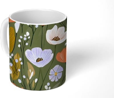 Mok - Koffiemok - Bloemen - Illustratie - Groen - Mokken - 350 ML - Beker - Koffiemokken - Theemok