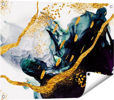 Gards Tuinposter Abstracte Kunst - Zwart Wit met Gouden Strepen - 80x60 cm - Tuindoek - Tuindecoratie - Wanddecoratie buiten - Tuinschilderij