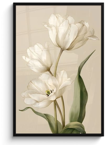Poster in lijst - Fotolijst 80x120 cm - Posters - Tulpen - Wit - Bladeren - Posterlijst zwart - Decoratie - Wanddecoratie woonkamer - Muurdecoratie slaapkamer