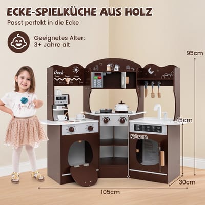 COSTWAY Kinderkeuken met accessoires, hoekspeelkeuken van hout met licht en geluid, houten keuken met koffiezetapparaat, magnetron, wasmachine, oven, hoekspeelkeuken voor kinderen vanaf 3 jaar