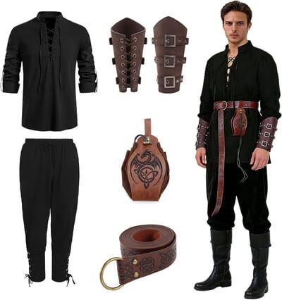 Compleet Middeleeuws Kostuum voor Mannen met Shirt, Broek, Riem en Accessoires voor Carnaval en Cosplay