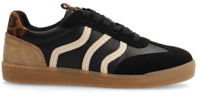 No Stress - Dames - Zwarte leren sneakers met leopard details - Maat 36