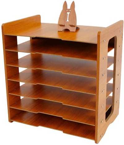 7-laags houten bureau-organizer – Voor het opbergen van papier, documenten, boeken en tijdschriften – opbergrek voor georganiseerd gebruik op bureau – 36,0 × 25,0 × 38,5 cm – bruin en naturel – hout