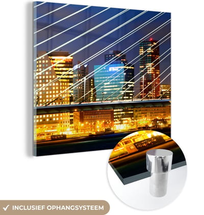 MuchoWow® Glasschilderij 50x50 cm - Schilderij acrylglas - Rotterdam - Skyline - Licht - Foto op glas - Schilderijen