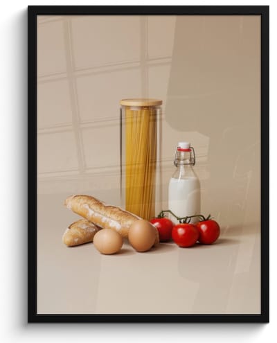 Fotolijst inclusief poster - Posterlijst 50x70 cm - Posters - Spaghetti - Melk - Tomaten - Eieren - Brood - Foto in lijst - Keuken decoratie muur - Wanddecoratie accessoires - Muurdecoratie - Schilderijen