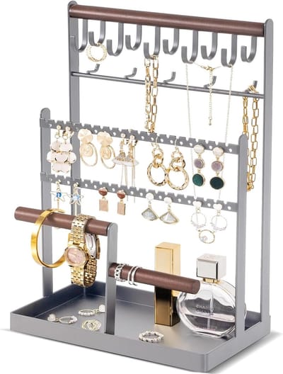 Sieraden Organizer met 6 Lagen en 15 Haken, Sieradenstandaard voor Kettingen, Oorbellen en Ringen - Grijs Sieradenopslag en Display Rack