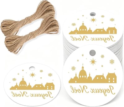 Kerstboom Cadeau Hangers met Joyeux Noël: 5cm Papieren Kerst Hangers met Touw, 100 Stuks Witte Labels voor Cadeauverpakking en Kerstdecoratie