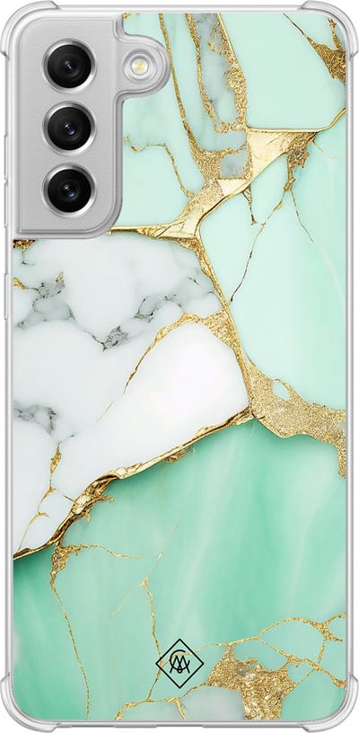 Casimoda® hoesje - Geschikt voor Samsung Galaxy S21 FE - Marmer Mintgroen - Shockproof case - Extra sterk - Siliconen/TPU - Mint, Transparant
