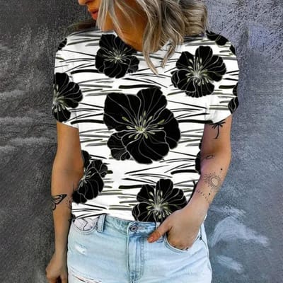 Retro Bloemenpatroon 3D Print Zomer Vrijetijd T-shirt Dames T-shirt Mode Print T-shirt Elegant Dames T-shirt 6XL white