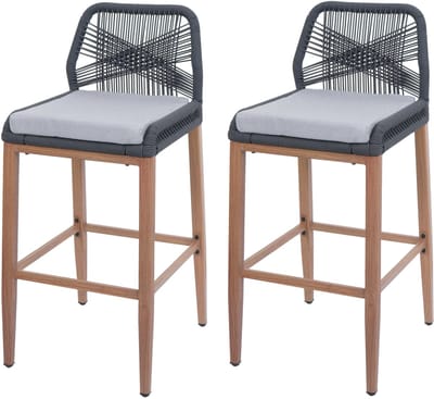 Set van 2 Touw barkrukken MCW-O21, buiten zitkussen touw vlechtwerk metaal hout-look ~ antraciet, kussen lichtgrijs