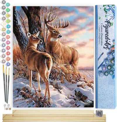 Figured'Art Schilderen op Nummer Volwassenen canvas Herten in de winter - Handwerk acrylverf Kit DIY Compleet - 40x50cm met DIY houten lijst