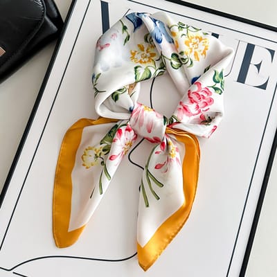 Dames Sjaal - Sjaals - Stola - Vierkante doek - Elegant Stijlvol Dames haar sjaal - Satijn zijde - Hals sjaaltje - Sjaaltje Satijn - Neksjaaltje - Omslagdoek Modesjaals - Neksjaal - Klein Sjaaltje -Verziekte Daisy - witte gele kant-70*70CM