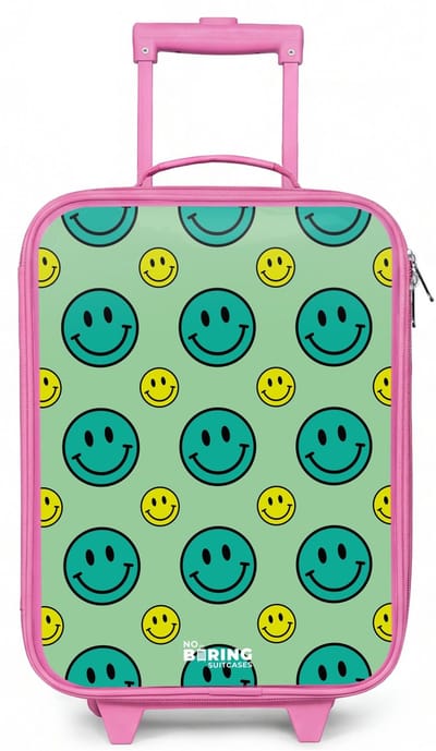 NoBoringSuitcases.com® - Kinderkoffer roze - Kindertrolley meisje - All smiles groen - Koffer kind lichtgewicht - Reiskoffer trolley voor kinderen - Koffertje met lichtgevende wieltjes - Rolkoffer