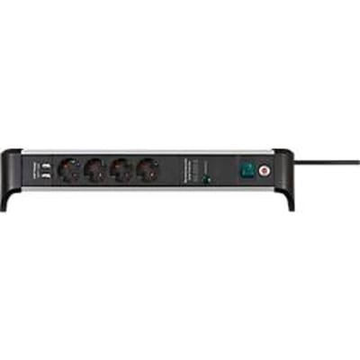 Brennenstuhl Alu-Office-Line 4-voudige contactdoosstrook, 2 USB-laadcontactdozen, overspanningsbeveiliging tot 60.000 A, 45° opstelling, 1,8 m kabel, L 480 x B 105 x D 105 mm, zwart/zilver