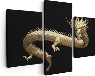 Artaza Canvas Schilderij Drieluik Gouden Draak - 90x60 - Foto Op Canvas - Canvas Print