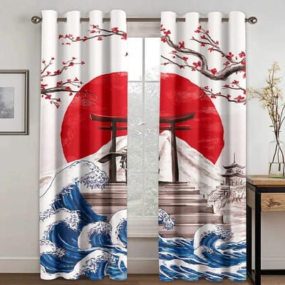 Lange Zwarte Japanse Zonsopganggolf Twee Hoge Schaduw Gordijnen Voor Woonkamer Slaapkamer Decor Verduisteringsgordijn Nieuw Patroon 2 Stuks W50xH130(CM)x2PCS-Grommet Top